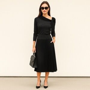 Ramy Brook New York Silver Metallic Shiny Knit Black Tie Neck Sweater